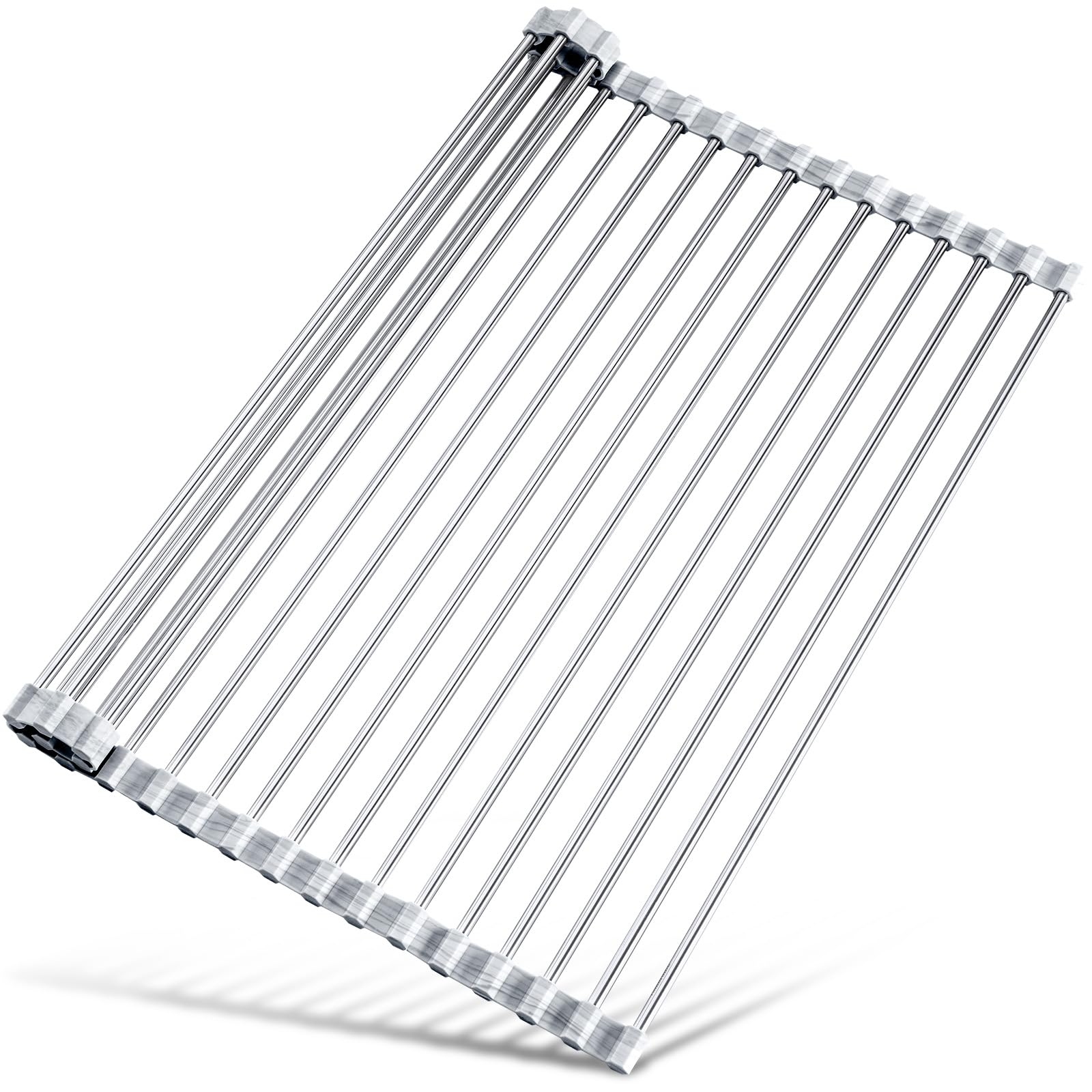 Tomorotec 17.7" x 15.5" Roll Up Dish Drying Rack Over Sink Drying Rack Sink Cover Kitchen Sink Accessories Gadget Multipurpose Organizer Foldable Stainless Steel Drainer (Grey)